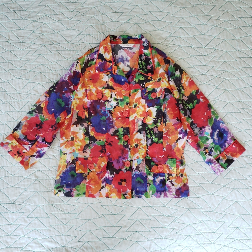 Erin London Multicolor Floral Linen Blend Burnout Jacket